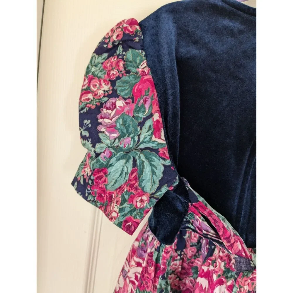 Vintage Kokomo Kids Floral and Velvety Dress - Size 10 - Blue, Pink, Green